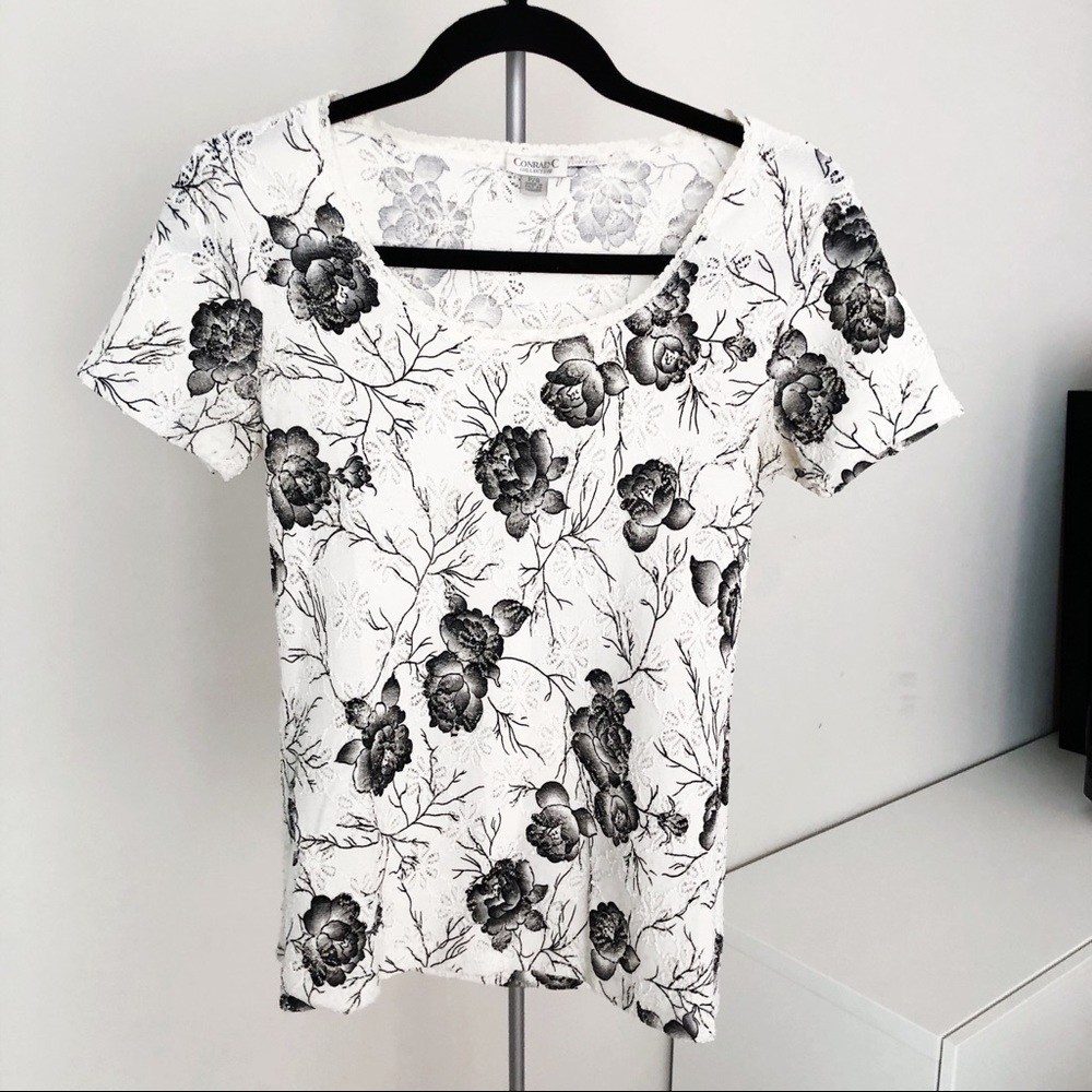 White Grey Floral Print Short Sleeve Shirt Top